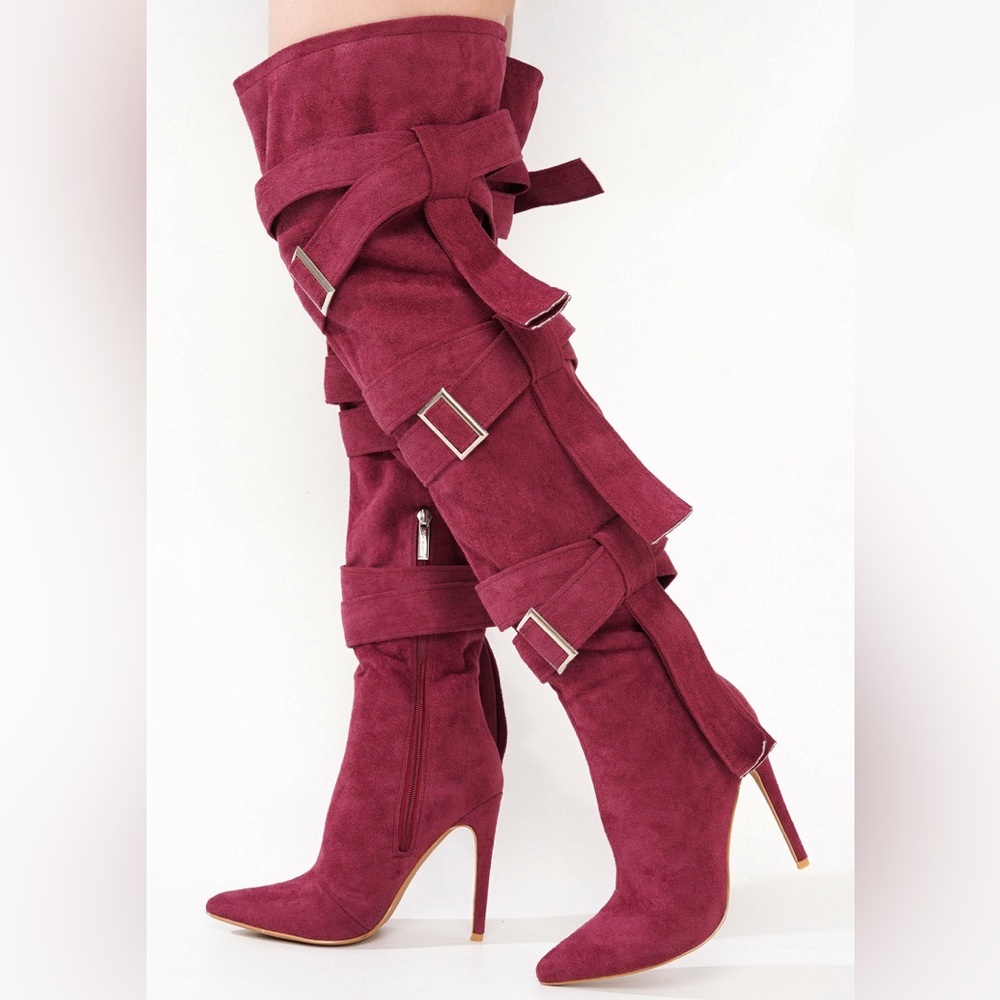 CAPE ROBBIN 🔥 Katey Buckle Suede Wrap Over-the-Knee Boots - Burgundy 🔥 Size 9